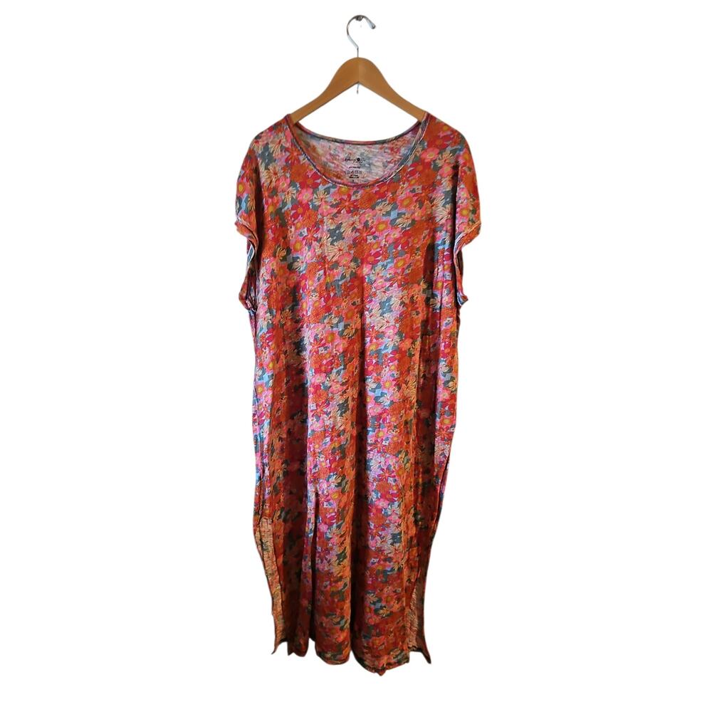 Natural Life Frankie Knit Cotton Tee Midi Dress sz large pink floral - Picture 3 of 7